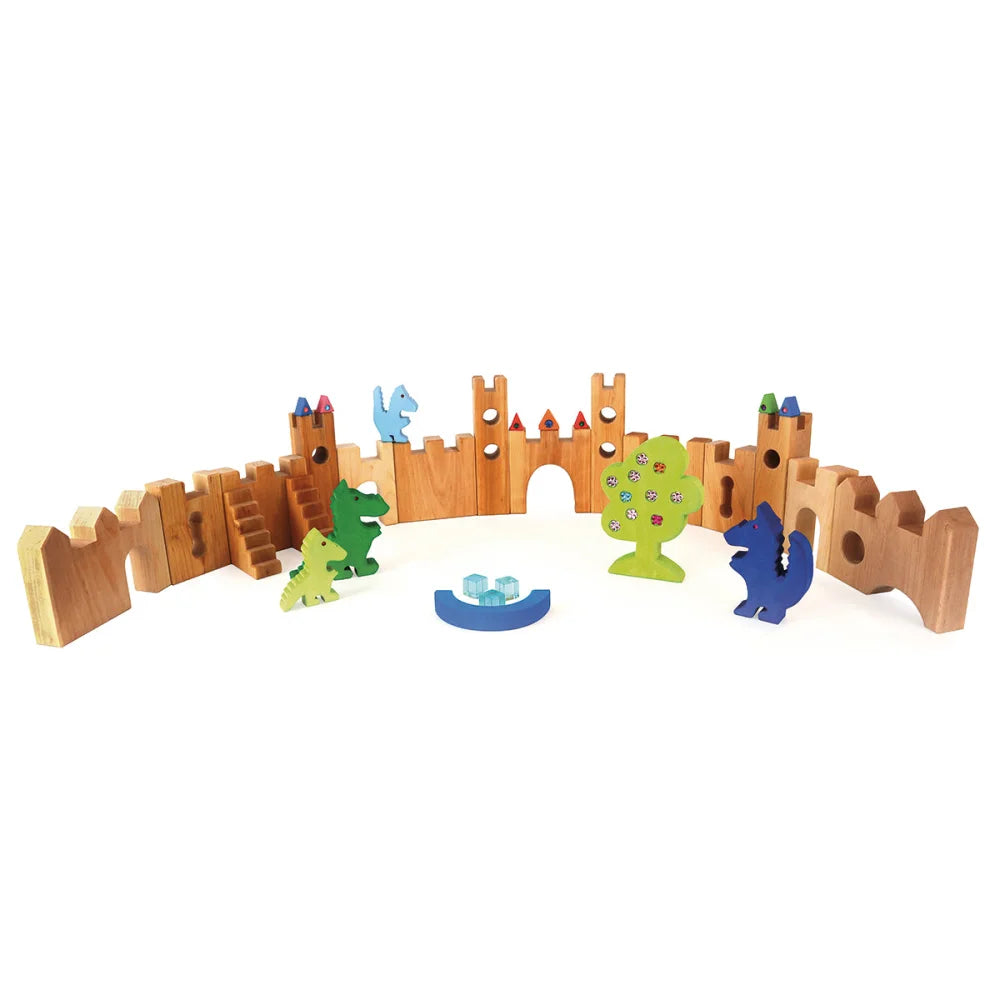 Großes Ritterburg-Spielset aus Holz mit 16 Teilen, mittelalterliches Design