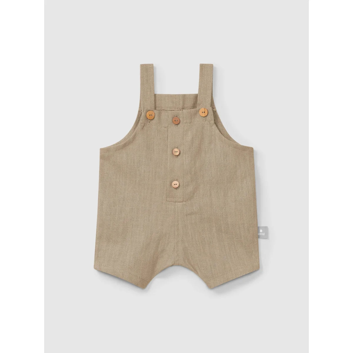 Beige Babystrampler mit Knopfdetails im Produkt Latzshorts aus Leinen-Baumwoll-Mix
