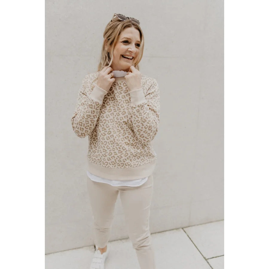 Leo-Sweatshirt für Frauen in Beige Leopardmuster mit weißer Innenschicht