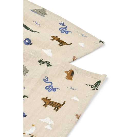 Creamfarbenes Textil mit Tierillustrationen für das Lewis Baumwollmusselin Tuch 2er-Pack