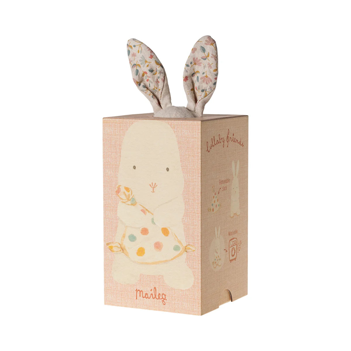Pink cardboard box with bunny ears and floral patterns for Lullaby Friends, Hase Natur