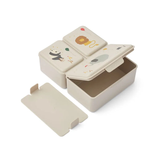 Drei beige Bambus-Lunchboxen mit Tiermotiven im Produkt Lunchbox Driss | Circus Sandy