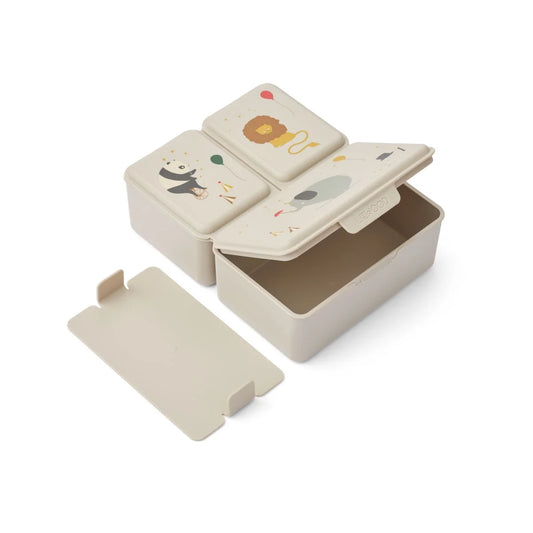Drei beige Bambus-Lunchboxen mit Tiermotiven im Produkt Lunchbox Driss | Circus Sandy
