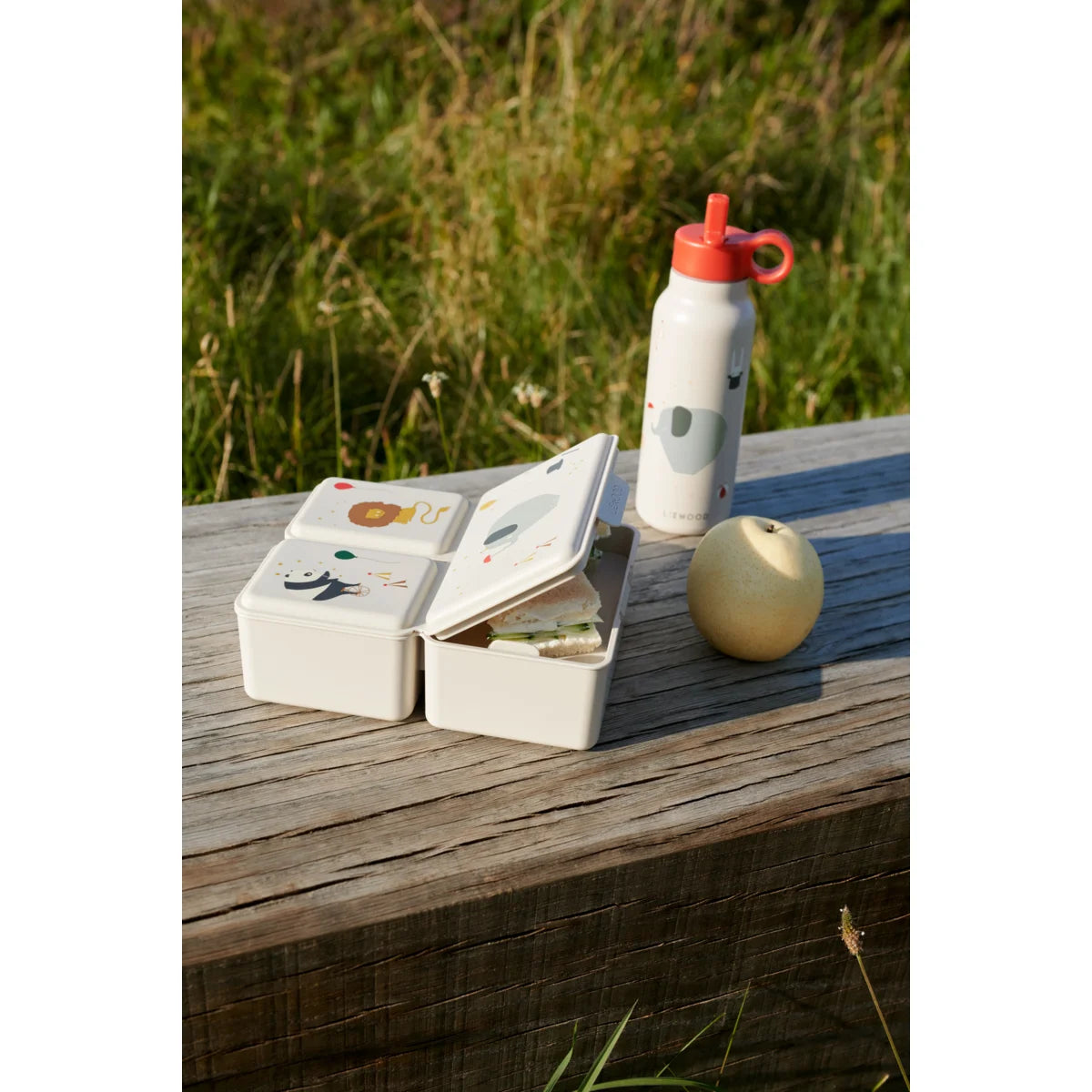 Weiße Wasserflasche mit rotem Deckel neben offenen Boxen und einem Ball im Lunchbox Driss