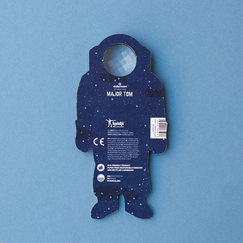 Blaues Sternenhimmel-Astronaut-Schnittmuster aus Karton mit klarem Brustfenster Major Tom Bee Eye