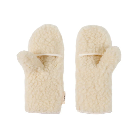Fluffige hellcremefarbene Handschuhe aus weichem, fuzzy Material von Mama