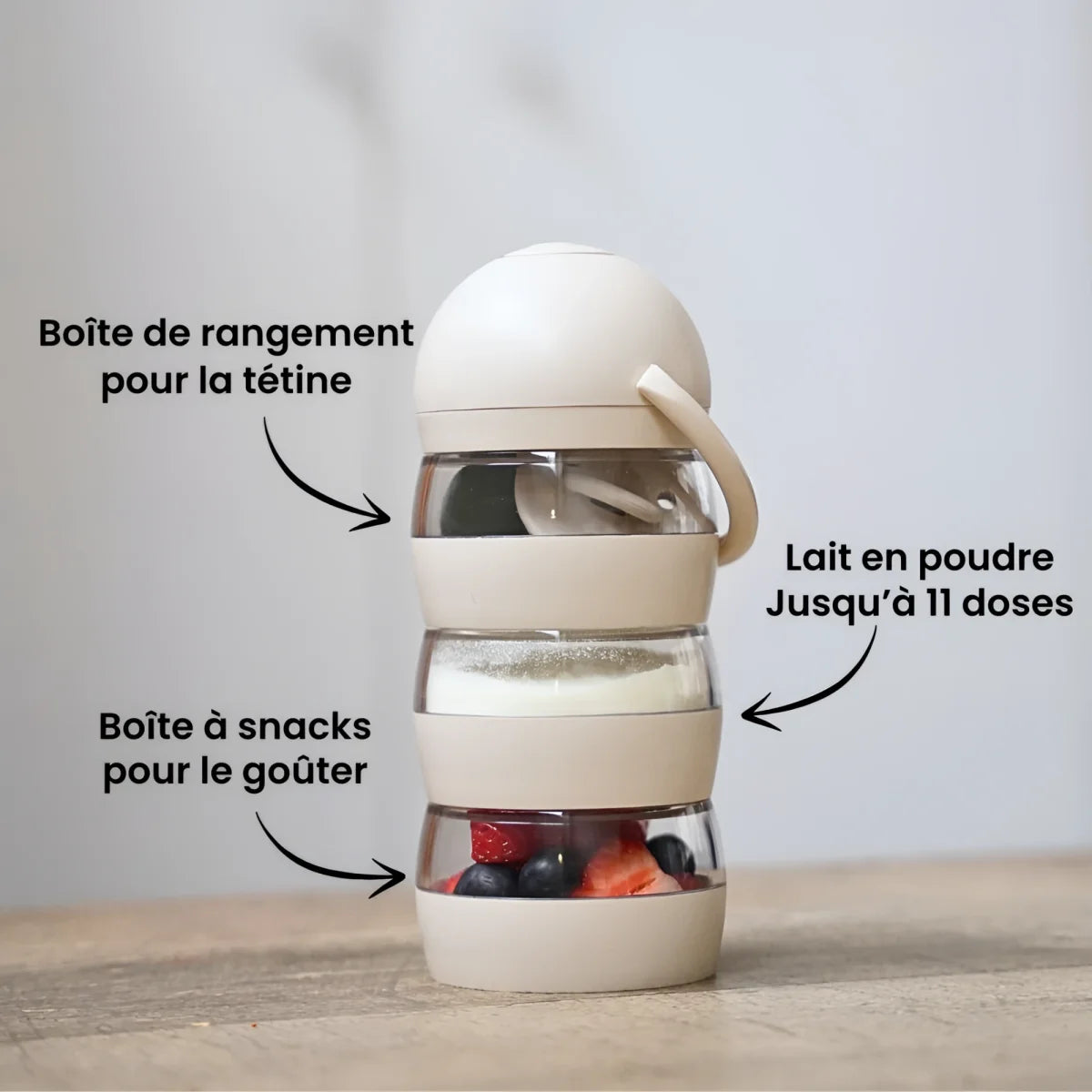 Milchpulverspender SoMiMi Sand: beige stapelbarer Turm mit Glasbehältern und Griff