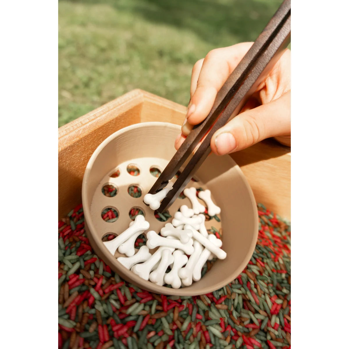 Kinderhand mit Zange hebt Mini Dino Knochen im Dino Knochen Set aus buntem Sand