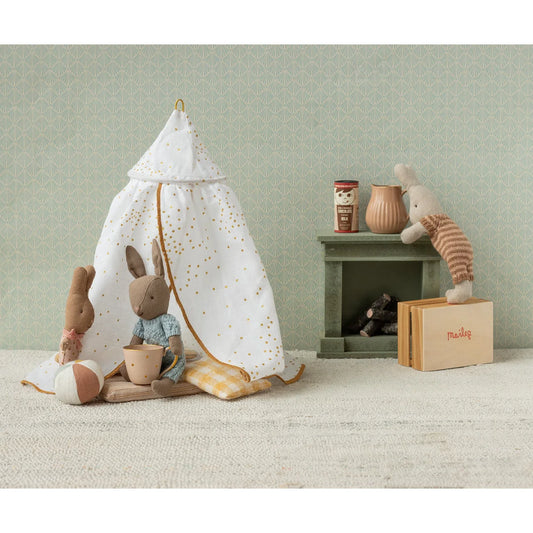 Miniatur betthimmel off weiss aus weißem stoff mit goldenen punkten und klettverschluss ideal für ökologische baby- & kinderprodukte