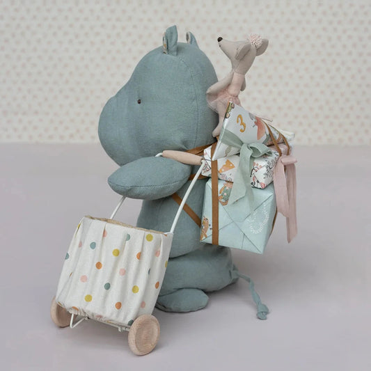 Ippopotamo di peluche verde menta con carrello e borsa della spesa