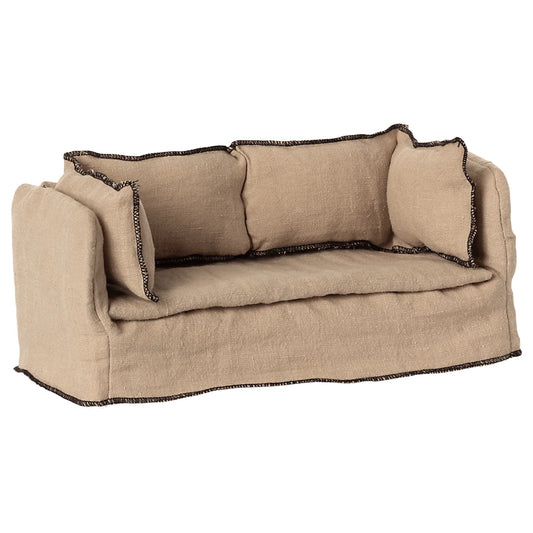 Beige Fabric Sofa with Loose Slipcover and Decorative Trim in Miniature Sofa Design
