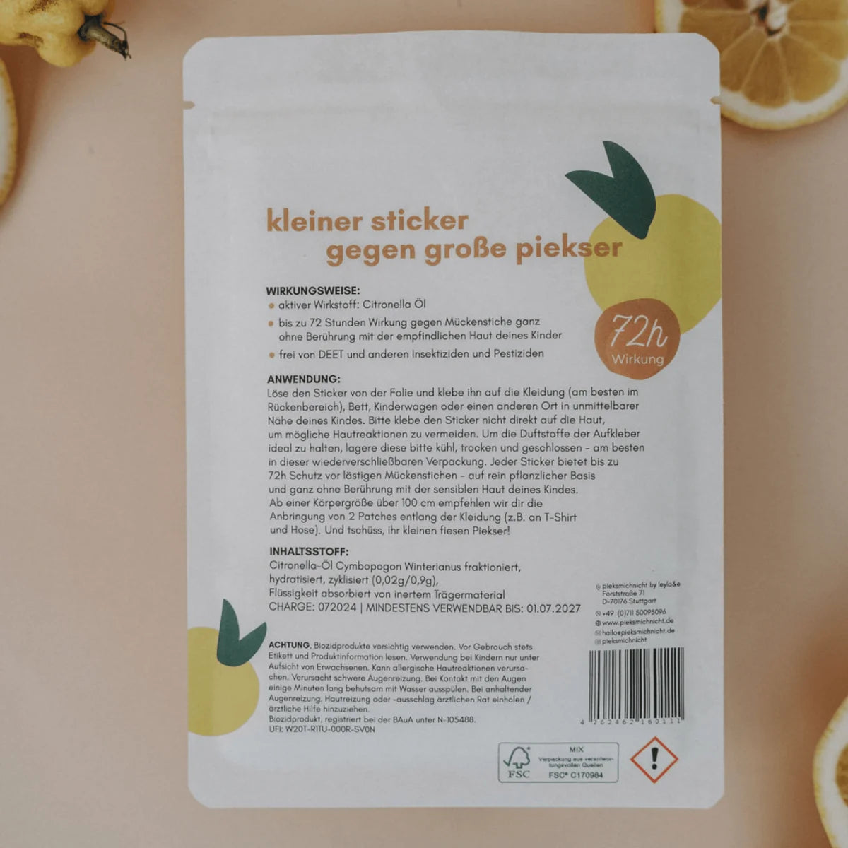 Weißes Päckchen Zitronen-Mückenschutz-Sticker Flower Power Edition