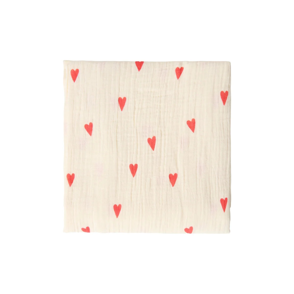 Cremeweiße Mulltuch-Decke 120x120cm mit roten Herzen, noos puffy cross