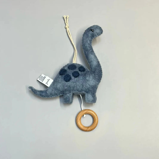 Langhals Dinosaurier Musikspieluhr mit blauem Filz-Dino und Holzring