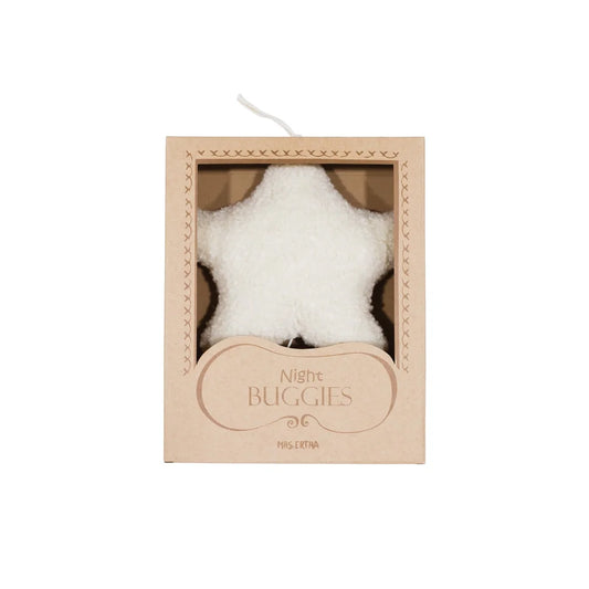 Weißer sternförmiger Plüschspielzeug in beiger Pappschachtel für Musikspieluhr