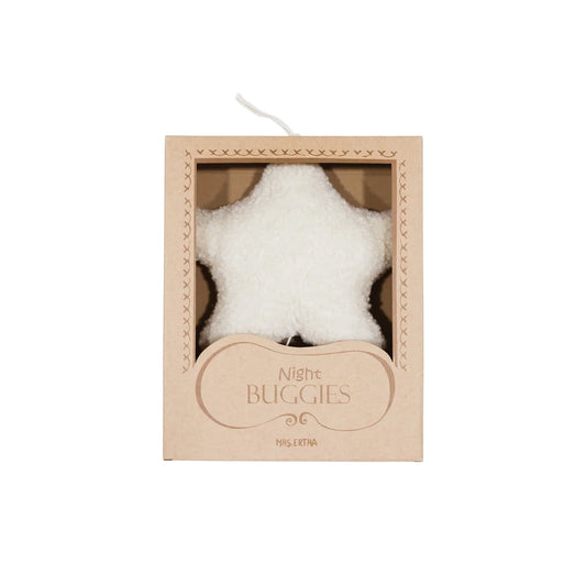 Weißer sternförmiger Plüschspielzeug in beiger Pappschachtel für Musikspieluhr