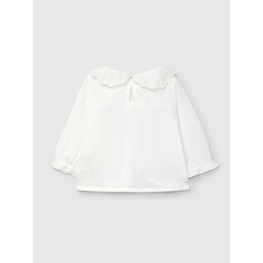 Weiße langärmlige Bluse mit Rüschenkragen und Manschetten, Muslinbluse mit Stickerei