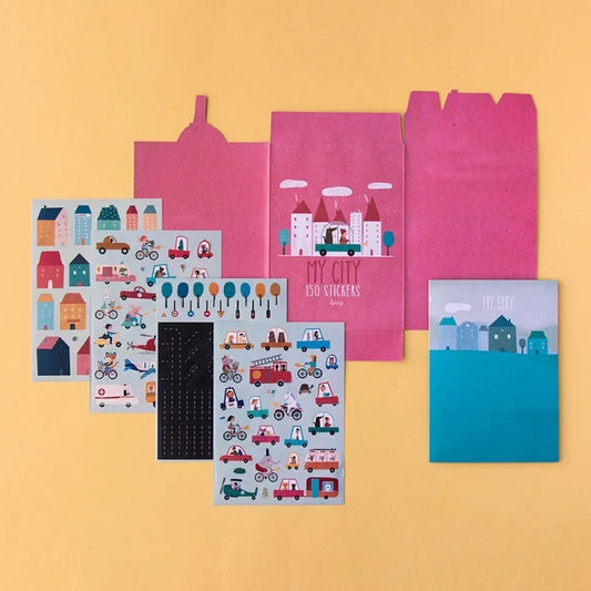Bunte Bürobedarfset mit Stadtmotiven und Aufklebern von My City Stickers