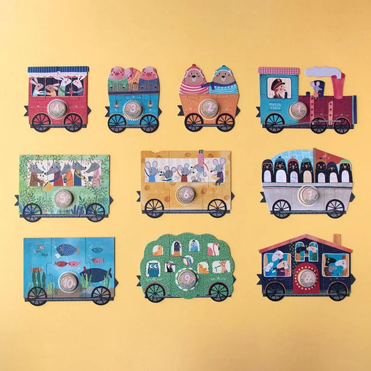 Bunte Zugwagen-Foto-Rahmen in Reihen für das My Little Train Puzzle
