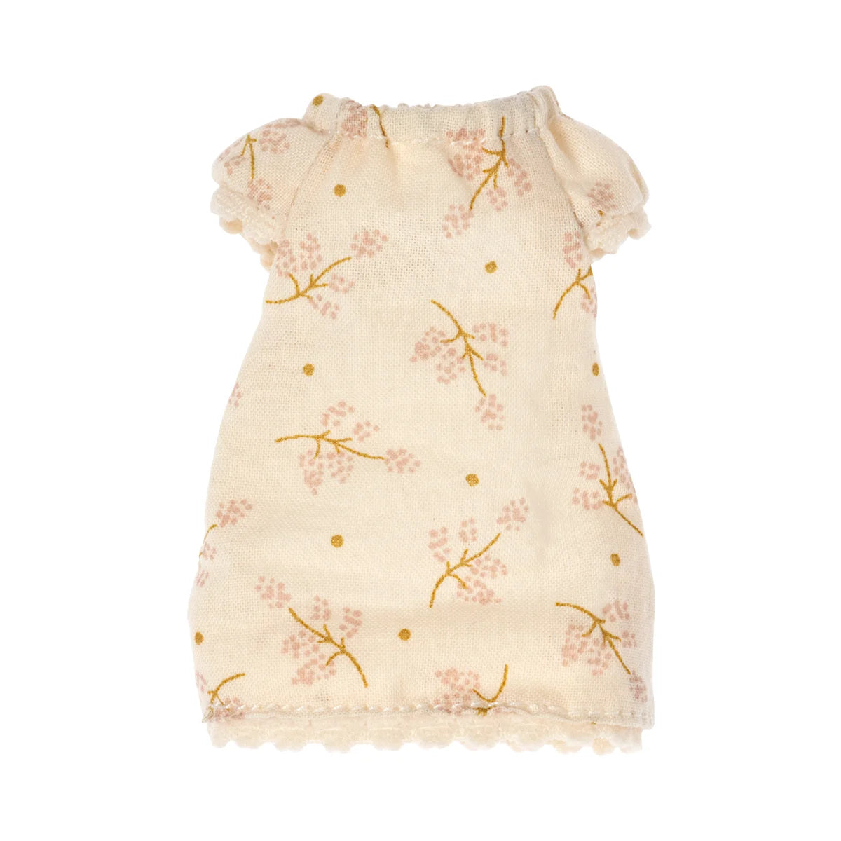 Zartes cremefarbenes Puppenkleid mit rosa Blumenstickerei und Goldpunkten