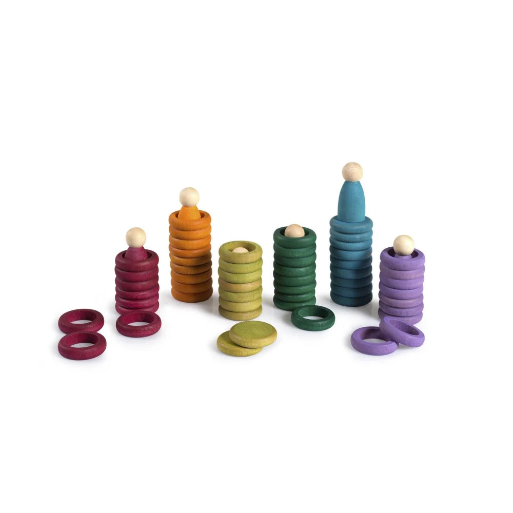 Holzstapelringe-Spielset Nins mit Regenbogenfarben und glatt polierter Oberfläche