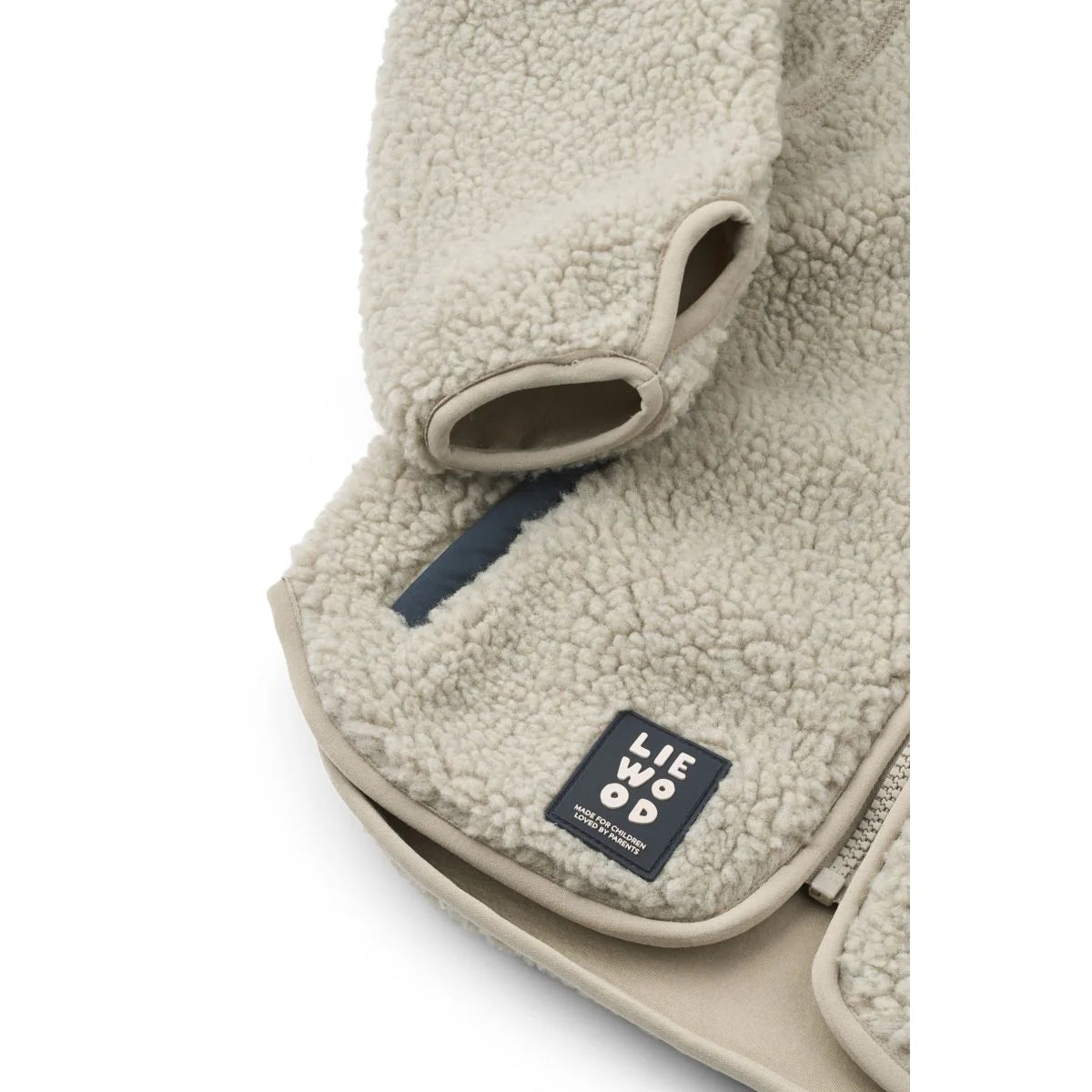Beige Nolan Fleecejacke Mist mit Sherpa-Futter, Liewood-Patch und Navy-Reißverschluss