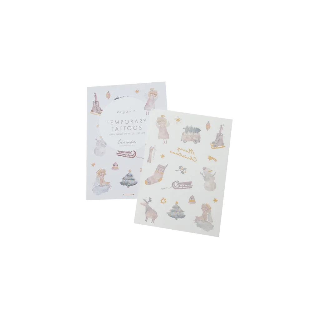 Zwei Blätter temporärer Tattoos mit Weihnachtsmotiven und Goldfolie für Organic Tattoos Christmas