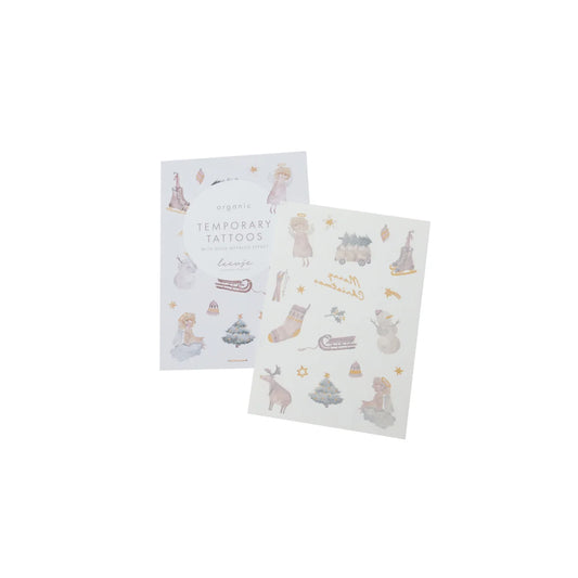 Zwei Blätter temporärer Tattoos mit Weihnachtsmotiven und Goldfolie für Organic Tattoos Christmas
