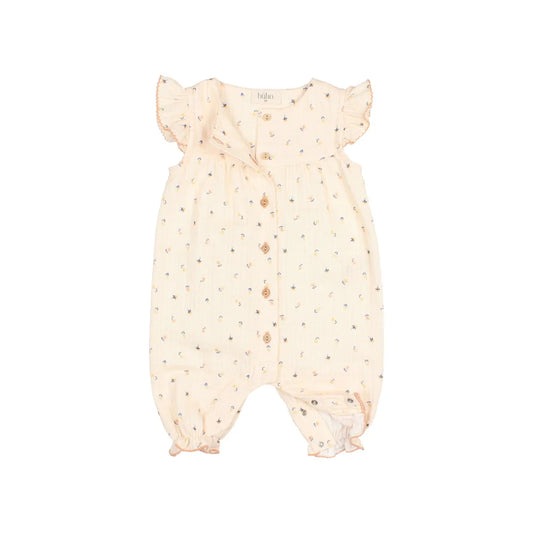 Cremfarbener Baby-Overall mit kleinem Blumenmuster und Rüschensäumen von Unico