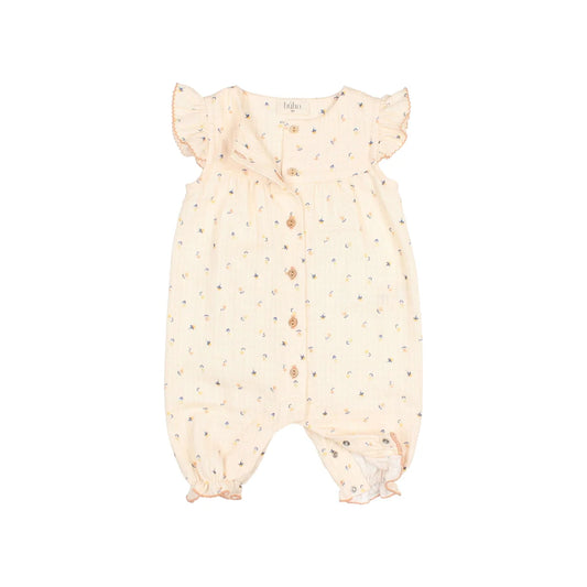 Cremfarbener Baby-Overall mit kleinem Blumenmuster und Rüschensäumen von Unico