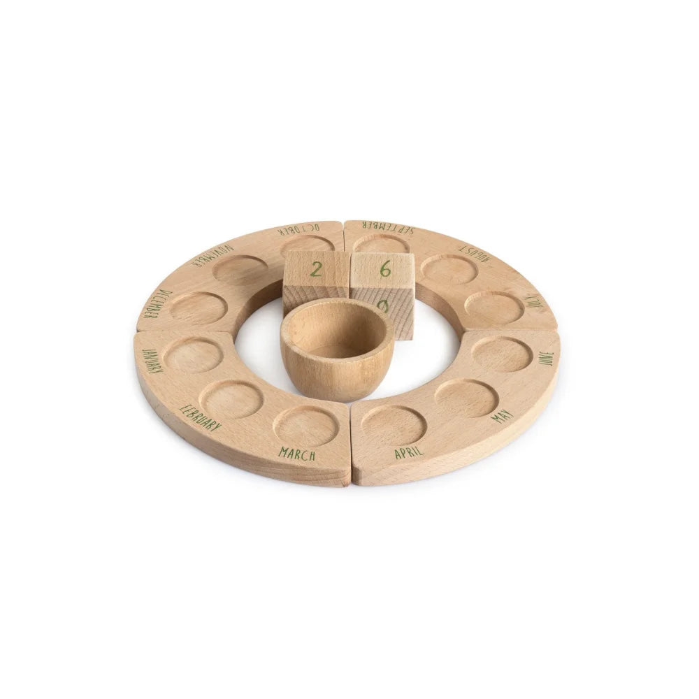 Holzener ewiger Kalender mit Plattformen, Würfeln und Schale in Kreismotiv