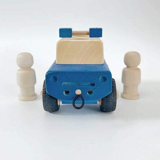 Blaue und braune Holzspielzeugauto Polizistra PIPPA für Kinder