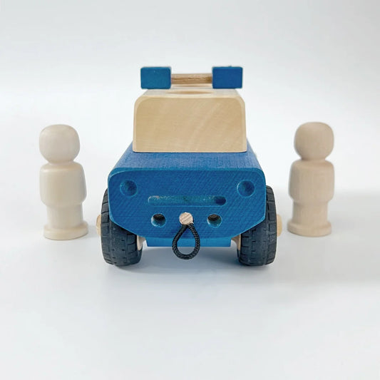 Blaue und braune Holzspielzeugauto Polizistra PIPPA für Kinder