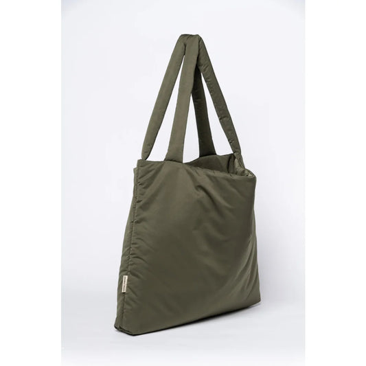 Olivegrüne Nylon-Tote- Tasche mit doppelten Schulterriemen im Puffy Mom Bag Design