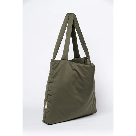 Olivegrüne Nylon-Tote- Tasche mit doppelten Schulterriemen im Puffy Mom Bag Design