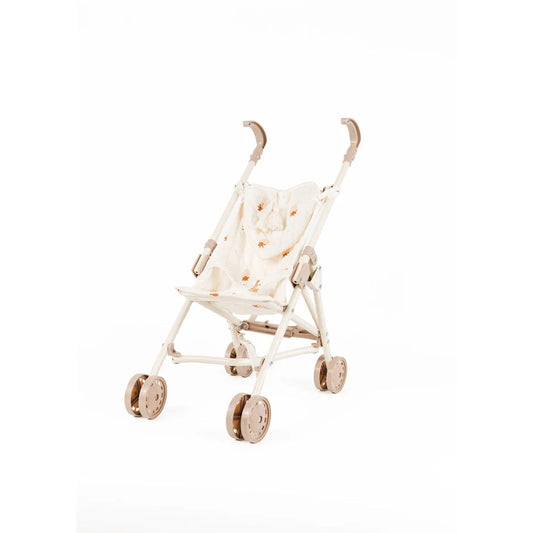 Weißer Puppenbuggy mit gepunktetem Design und braunen Rädern im Erdbeer-Look