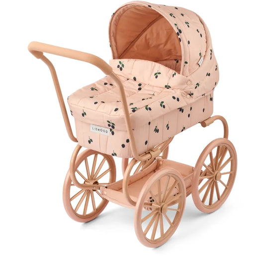 Pinkes Puppenwangen Adaline Kinderwagen mit Kirschmuster und klappbarem Dach