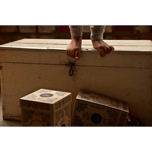 Wetterbox aus weißem holz mit metallschloss und sichtbarer abnutzung ideal für geschenke für neugeborene