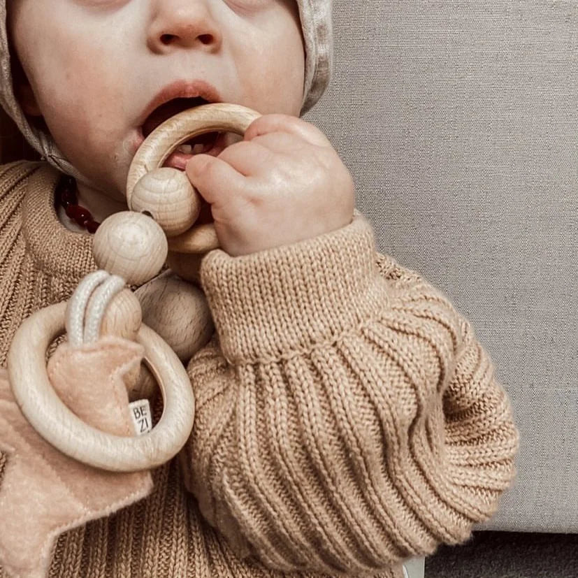 Baby kaut an Holzspielzeug Rassel Vogel Blush beim Spielen