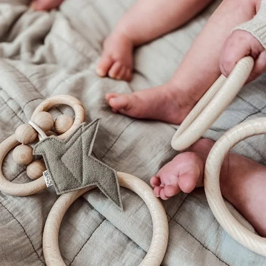Holz-Beißring mit geometrischen Formen und Ringen in Pistache Grün von Rassel Vogel