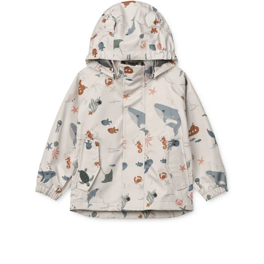 Gemusterte Kinder-Haube Regenjacke aus dem Regenbekleidungsset Manu | Meeresbewohner Sandy