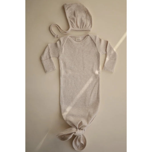 Hooded Baby Sleeper Gown in Off-White Beige with Knotted Bottom, Ribbed Bonnet