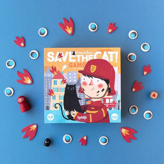 Kinderspielbox Save the Cat mit Feuerwehrmann und schwarzer Katze auf dem Cover