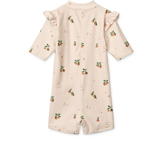 Baby Schwimm-Jumpsuit Amel mit Pfirsichmuster und Rüschenärmeln