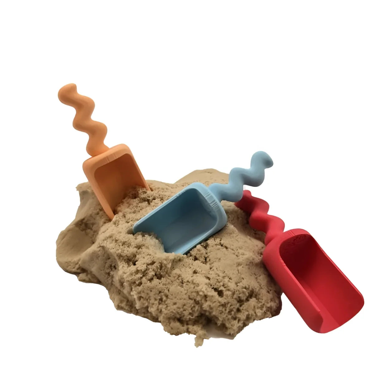 Drei bunte Kunststoff-Spielschäufelchen Wave Pastel Blau im Kinetik-Sand