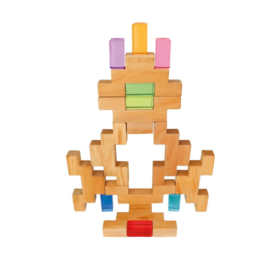 Farbige holzbausteine mit pixelart design und leuchtenden akzenten in lila orange pink grün blau und rot für treppenbau