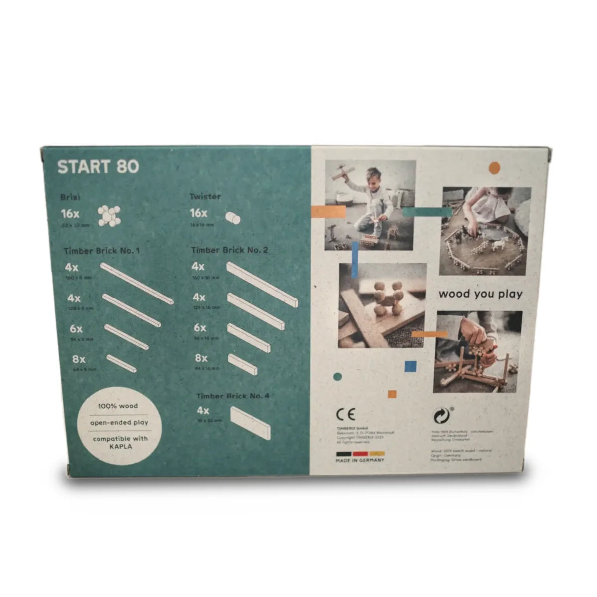 Rückseite der Teal-Weiß-Verpackung des START 80 Holzbaukastens mit Kindern beim Bauen