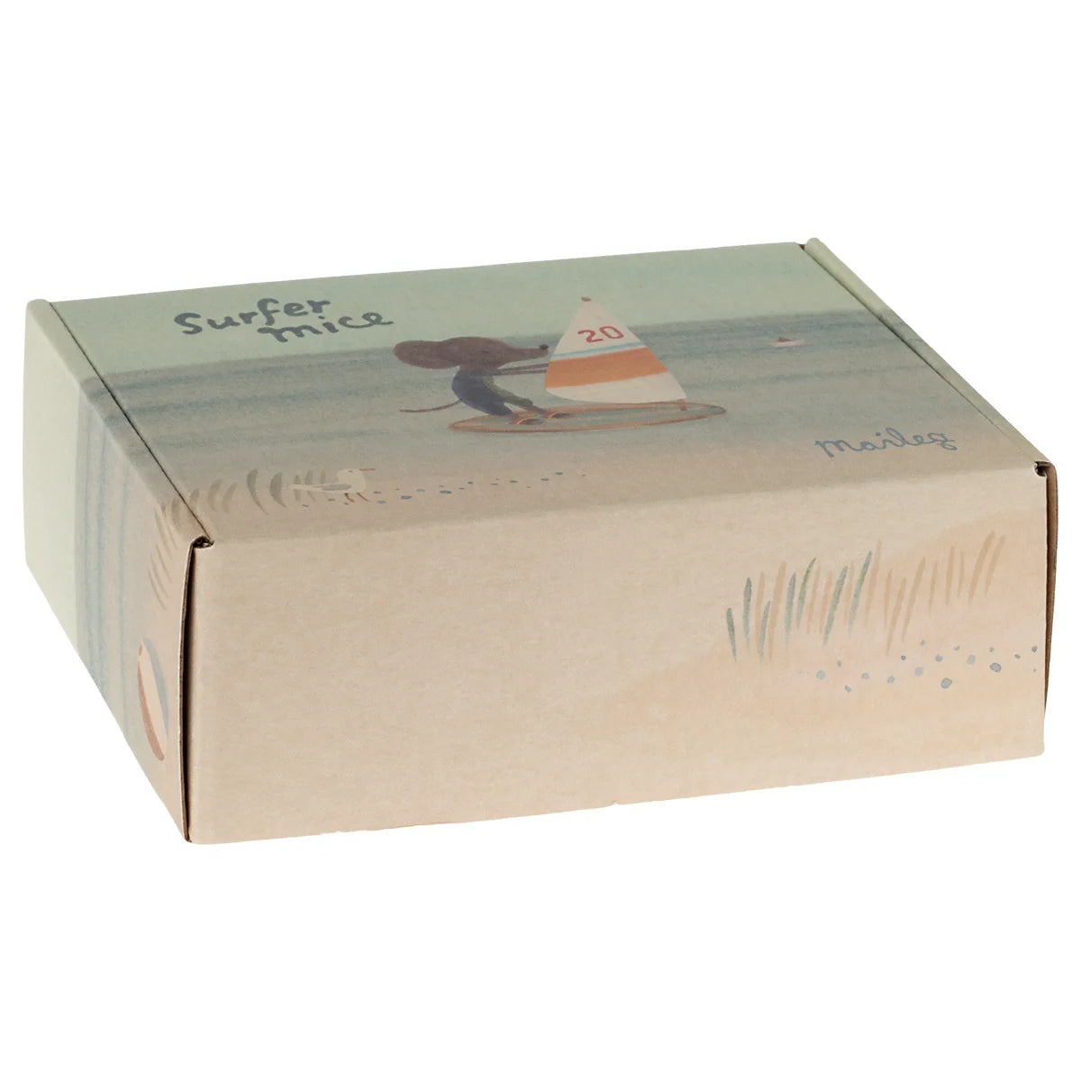Kartonversandbox mit Surfer-Illustration für Strandmäuse Surfer kleiner Bruder