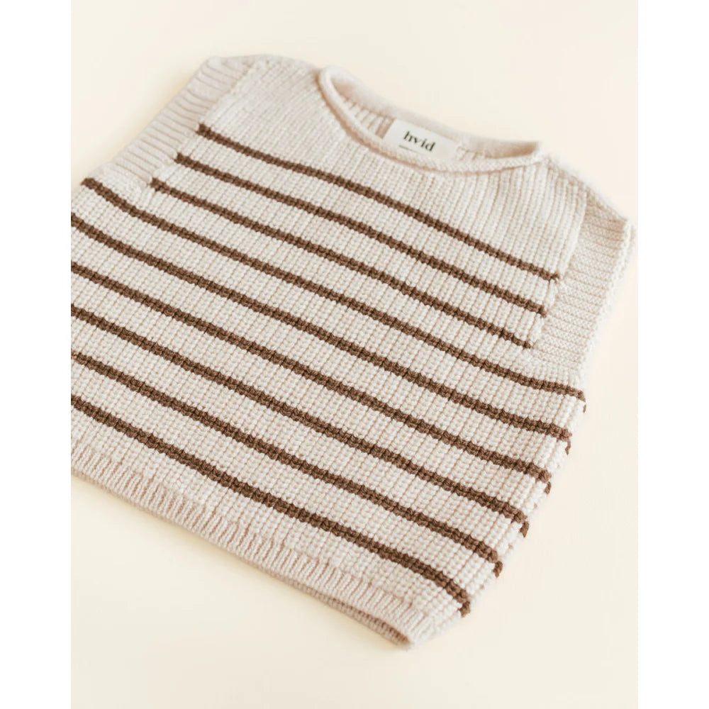Beige-brauner gestreifter Strickpullunder Vest Harvey in Cream + Mocha mit Invis-Branding