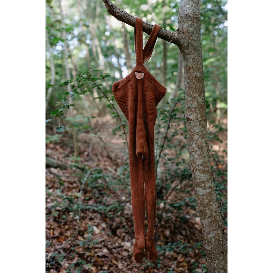 Rostfarbige Metallsäule eines menschlichen Körpers hängt an einem Baumzweig